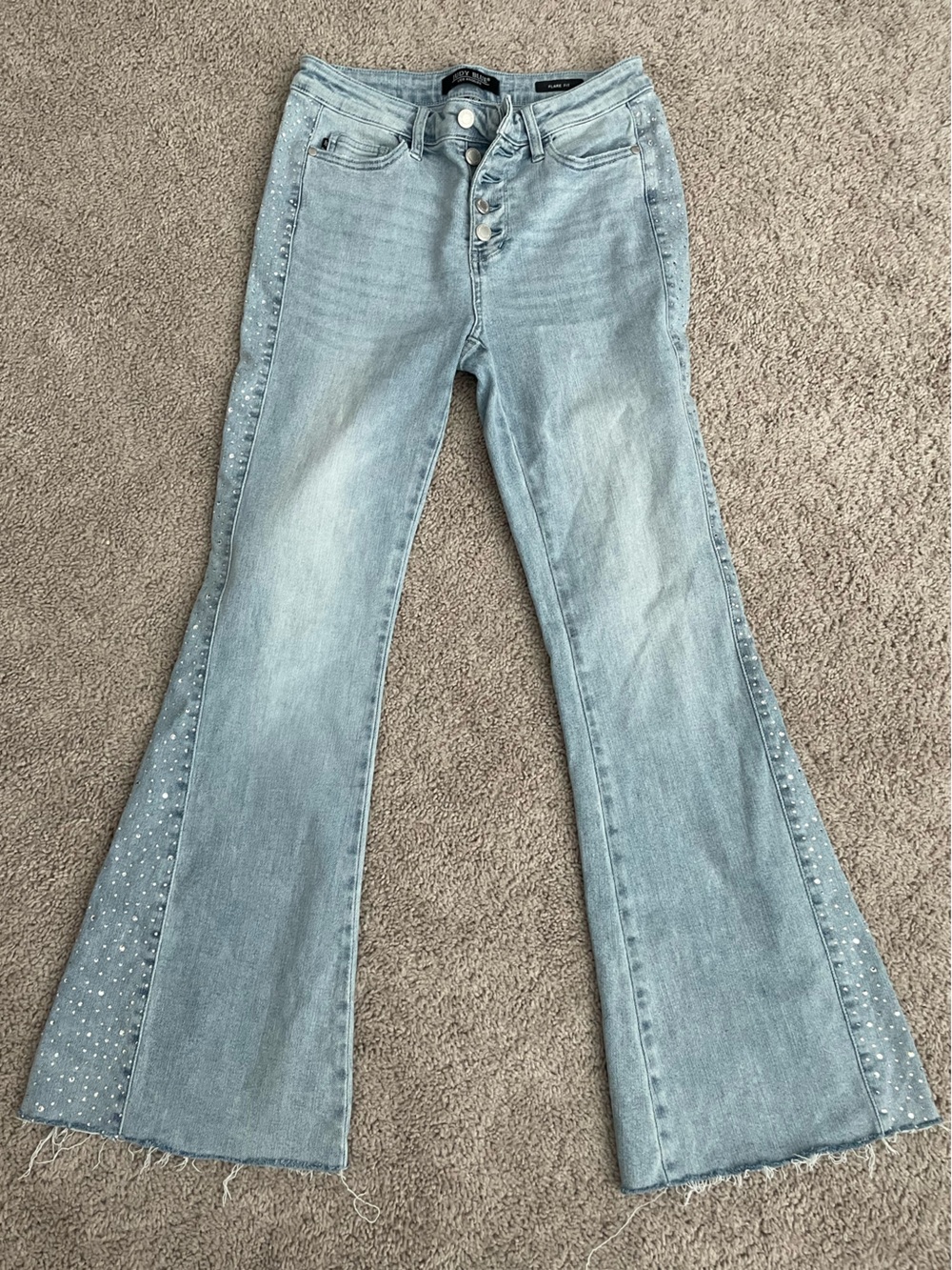 Judy Blue Rhinestone Side Panel Button Fly Flare Jeans Light Wash